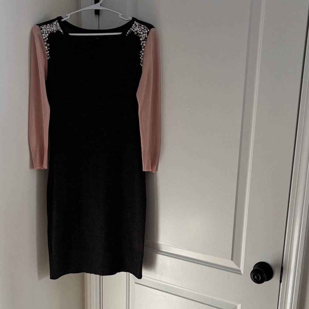 Macy's Black Dress with Pink Sleeves and Pearl Details
